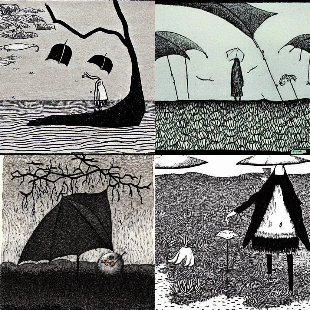 Prompt: rainy day on a lonely island by Edward gorey