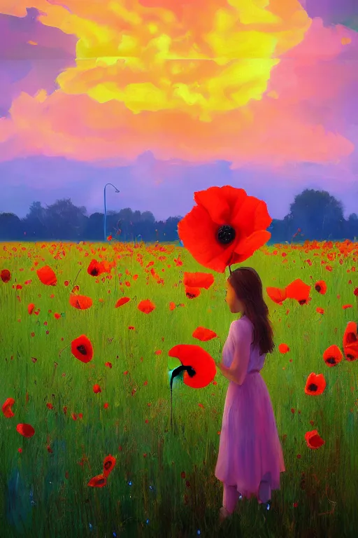 Image similar to closeup, giant poppy flower head, girl standing in a field of flowers, surreal photography, sunrise, blue sky, dramatic light, impressionist painting, digital painting, artstation, simon stalenhag