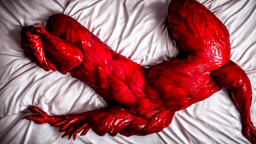 Image similar to A Extremely Stunning Detailed Full body picture of a singular isolated Chicken, lays down across the bed horizontally wearing a red dress while laying on a red Satin bed looking directly at you. 85mm, award winning