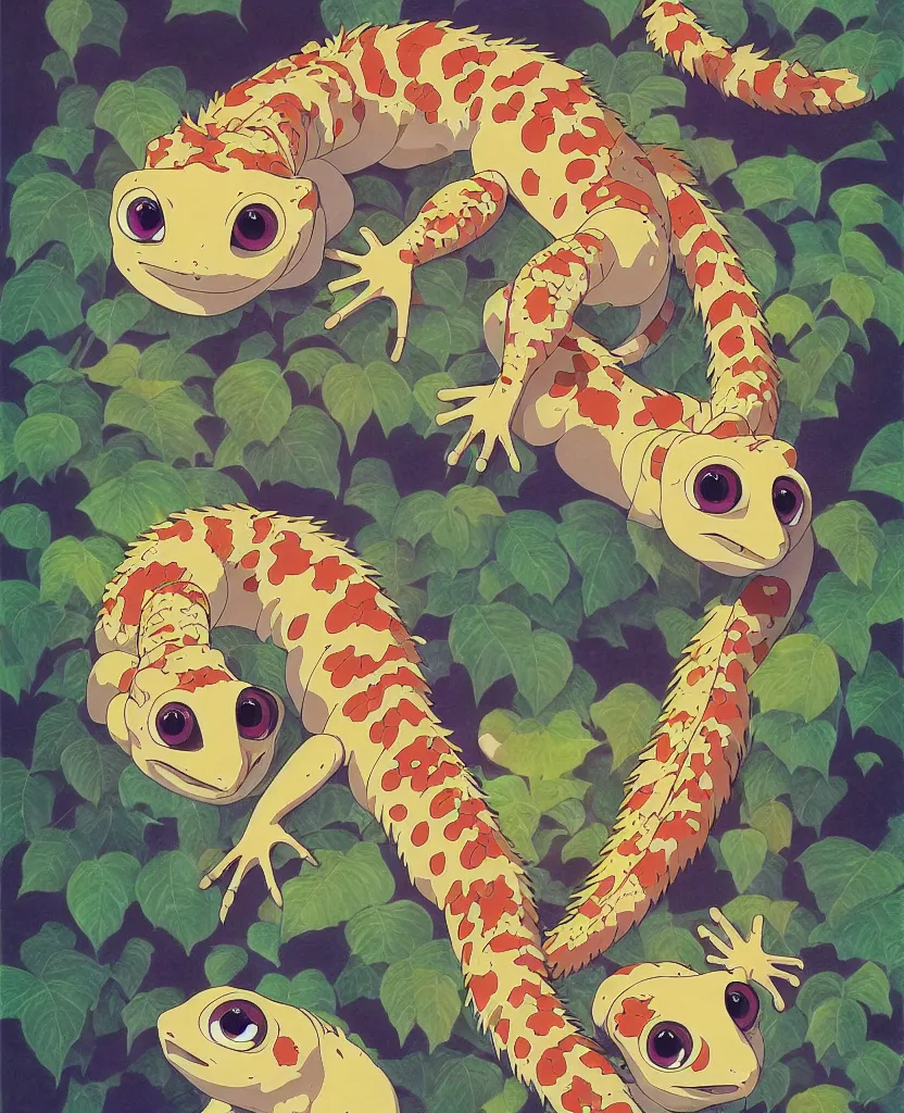 Prompt: beautiful painting from the anime film by studio ghibli, multi colored geckos, drooling, fur, trending on artstation, by MC Escher