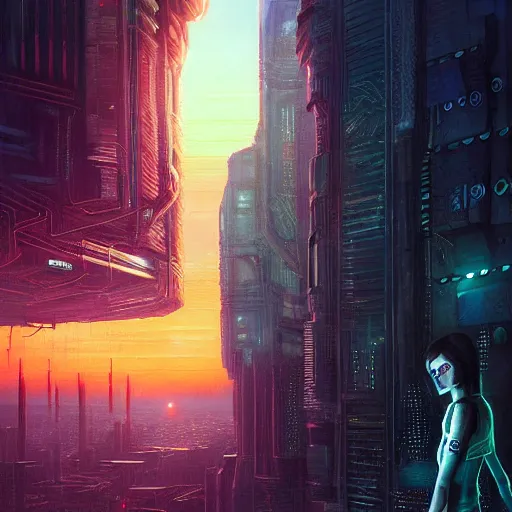 Image similar to molly from neuromancer, extremely detailed portrait of a young beautiful cyberpunk woman, eye implants, sunset, cyberpunk city background, megacity, gorgeous view, depth, painted by seb mckinnon, high detail, digital art, painted by greg rutkowski, trending on artstation