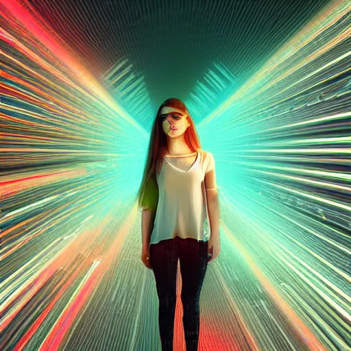 Image similar to glitchart of a young woman lucid dreaming in cyberspace, photoreal