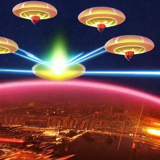 Image similar to flying saucers destroying a city with lasers