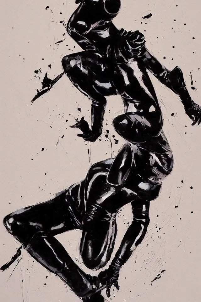 Image similar to painting of a ninja woman in a black latex suit by ashley wood