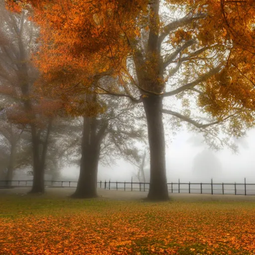 Prompt: a foggy park in autumn, in a horror movie 8k