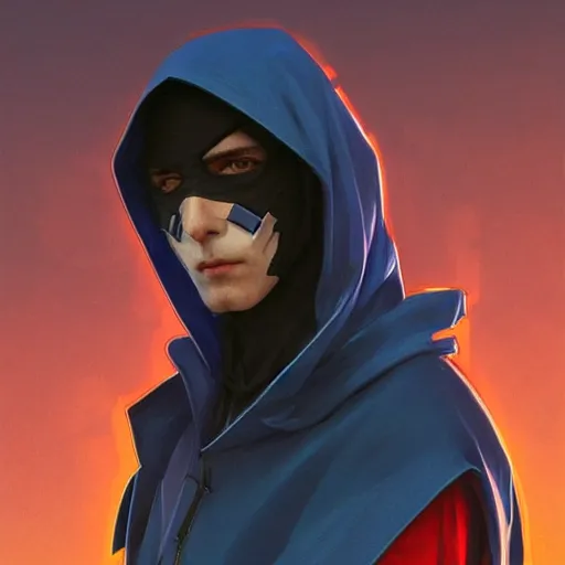 Image similar to ultra realistic illustration, man with black hair with a black mask, in blue hood, red and blue eyes, highly detailed, digital painting, artstation, concept art, smooth, sharp focus, illustration, art by artgerm and greg rutkowski and alphonse mucha