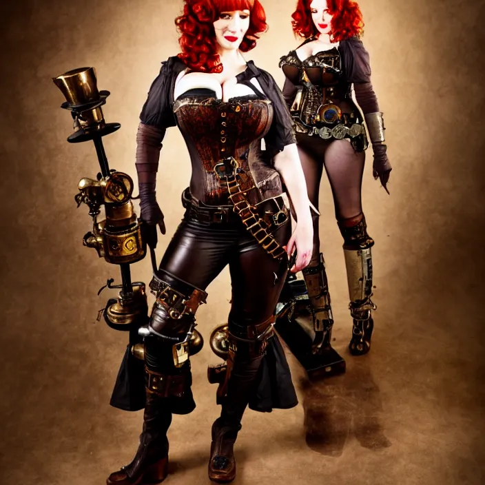 Prompt: full body photograph of christina hendricks as a steampunk warrior, Extremely detailed. 8k