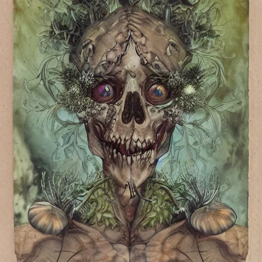 Prompt: a beautiful detailed front view portrait of a rotten woman corpse becoming a skull with fractal plants and fractal flowers and mushrooms growing around, baroque, volumetric light, beautiful lit, polaroid photography