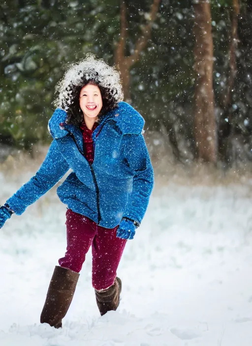 Prompt: a photo of 4 0 year old woman with short wavy curly light brown hair and blue eyes wearing colorful winter clothes is running in a snowy field. 5 0 mm. front view