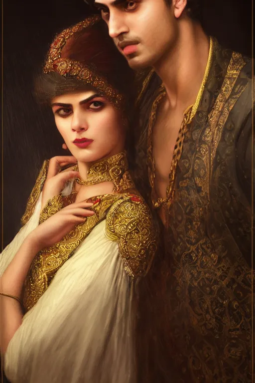 Image similar to a portrait of handsome young male indo-persian Satan and his elegant beautiful indo-persian wife, bored, illustration, dramatic lighting, soft details, painting oil on canvas, art nouveau, octane render, HDR, 4k, 8k, HD, by Edmund Blair Leighton, Brom, Charlie Bowater, trending on artstation, faces by Tom Bagshaw, Sargent