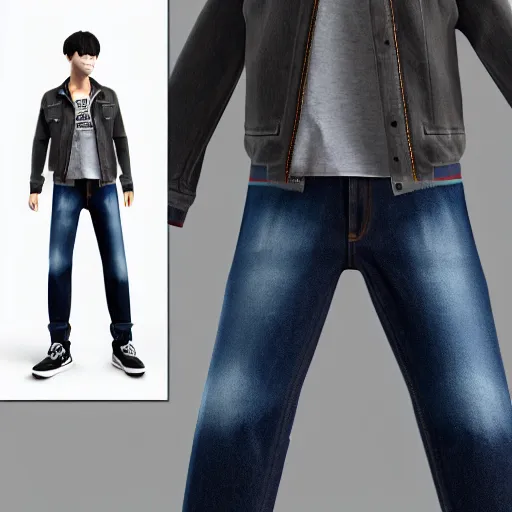 Prompt: a jacket jeans product concept, japanese street style, 3 d art, unreal engine 5, high render, high detail, octane render, studio photo, 3 d mockup