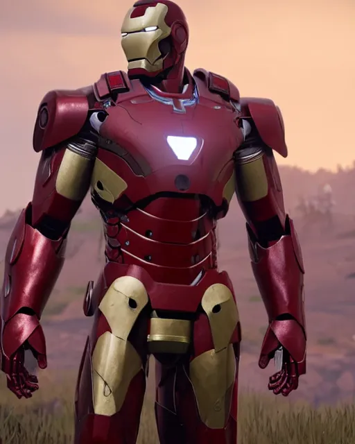 Image similar to robust and bulky iron man suit in red dead redemption 2, cinematic, photorealistic