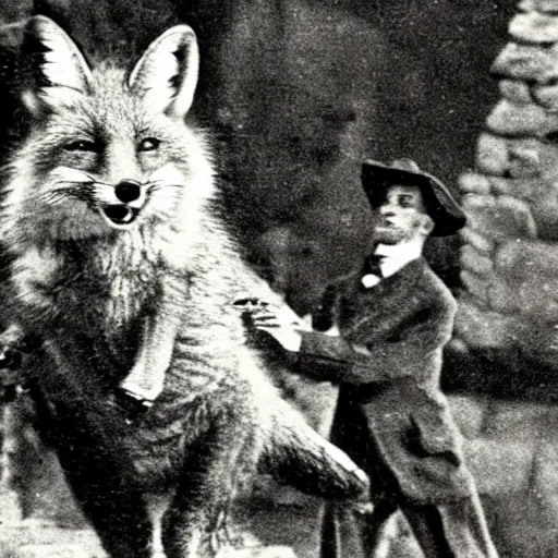 Prompt: anthropomorphic fox man fights in front of a castle while it begins to crumble, 1910s film scene