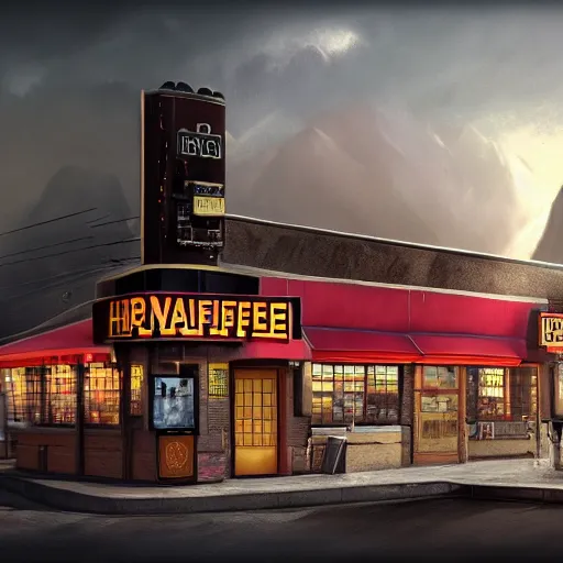 Prompt: A matte painting of a waffle house in Mordor, vibrant, colorful, 4k, artstation, cgsociety