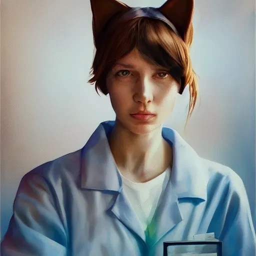 Image similar to girl with cat ears wearing a labcoat in a biology lab, microscope on the table, expressive oil painting, matte art, trending on artstation, sunlit, octane render, brushstrokes, beautiful face portrait, beautiful lighting