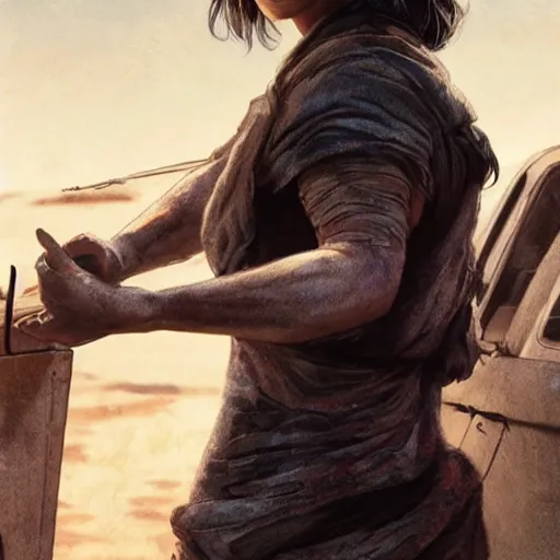 Image similar to dafne keen, mad max, cinematic shot, 8 k, art by artgerm and greg rutkowski and alphonse mucha