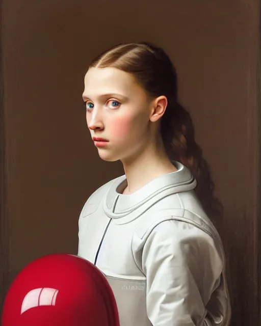 Prompt: a window - lit realistic portrait painting of a thoughtful girl resembling a young, shy, redheaded alicia vikander or millie bobby brown wearing a futuristic red plastic spacesuit, lit by an oval window at the side, highly detailed, intricate, by vermeer, william bouguereau, and donato giancola, and vermeer