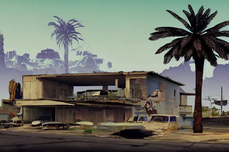 Image similar to broken robot | abandoned motel | palm trees | snowy mountains | moon in sky, painting by syd mead and weta studio and moebius and james jean and frank frazetta, gta san - andreas game screenshot, highly detailed, rule of third, soft lighting, architectural magazine, insanely intricate details, artstation trending, hypermaximalistic, high details, cinematic