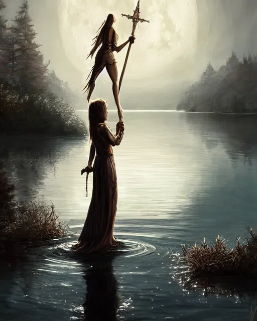 Image similar to 'lady of the lake' raising excalibur in the middle of a lake under a giant full moon, rippling reflections, trees and falling leaves, art by Raymond Swaziland and Greg Rutkowski, D&D, high fantasy, romantic, highly detailed, digital painting, trending on artstation, concept art, golden ratio, sharp focus, masterpiece