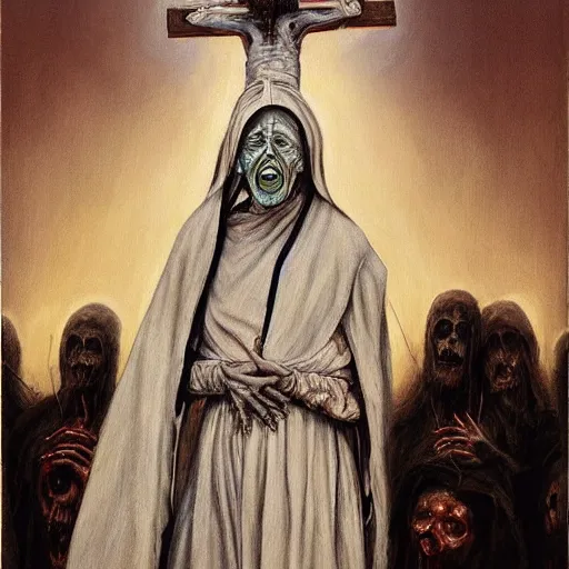 Prompt: a hyperrealistic painting of mother theresa as a zombie at jesus'crucifixion, by santiago caruso, highly detailed, sharp focus,