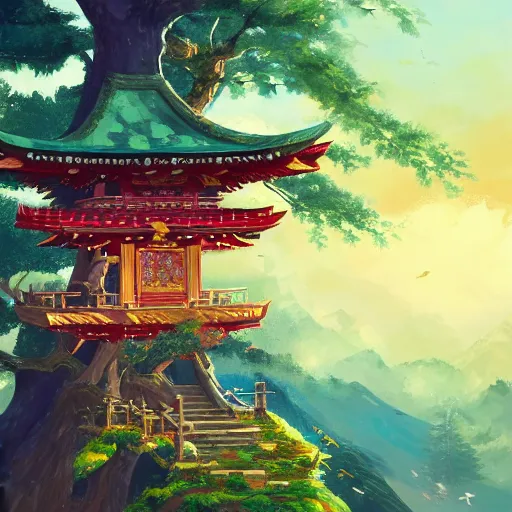 Image similar to a beautiful painting of detailed japanese treehouse shrine, breath of the wild, hyrule, inspired by cyril rolando, david wiesner, ornate, intricate, emitting light ornaments, volumetric lighting, cgsociety, alizarin red, brick red