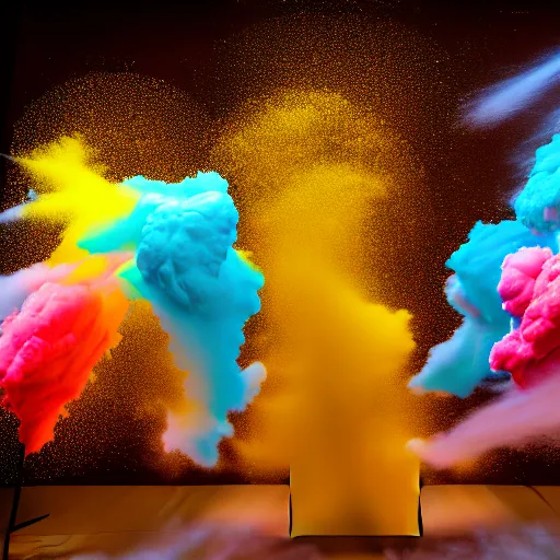 Image similar to photo of color powder explosion in art gallery, metropolitan museum of art, hellenistic sculptures, particles, fine detail