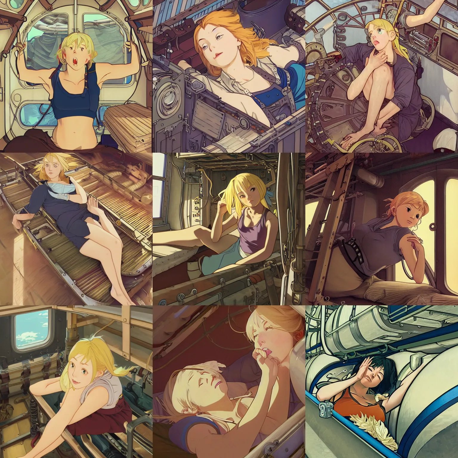 Prompt: Portrait of a tank top-clad blonde female airship mechanic stretching and yawning in her cramped bunk, steampunk, defined facial features, highly detailed, illustration, Makoto Shinkai and Studio Ghibli animated film still, by Ilya Kuvshinov and Alphonse Mucha