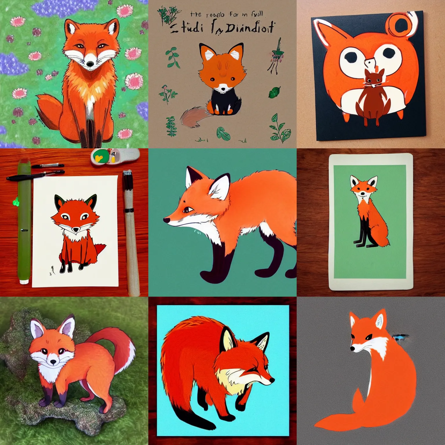 Prompt: a cute red fox in the style of studio ghibli