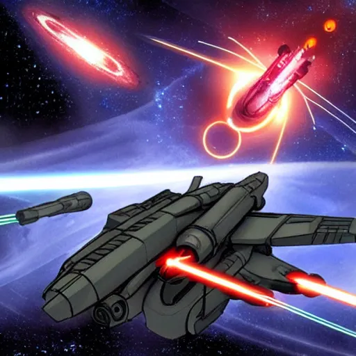 Image similar to science - fiction space battleship in combat, laser beams, explosions, space, planets, grimdark style