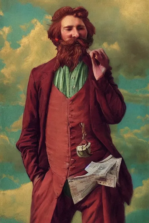 Prompt: intricate beautiful medium - shot, the card player man with short trimmed reddish beard ( ( ( no mustache ) ) ), blonde reddish hair, in green and pink clothes of 1 7 th century, matte painting, renaissance painting, by paul sezanne by leyendecker, by artgerm, rutkowskyi