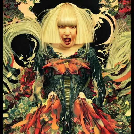 Image similar to portrait of crazy screaming beautiful singer sia kate isobelle furler, big ribbon, ymmetrical, by yoichi hatakenaka, masamune shirow, josan gonzales and dan mumford, ayami kojima, takato yamamoto, barclay shaw, karol bak, yukito kishiro