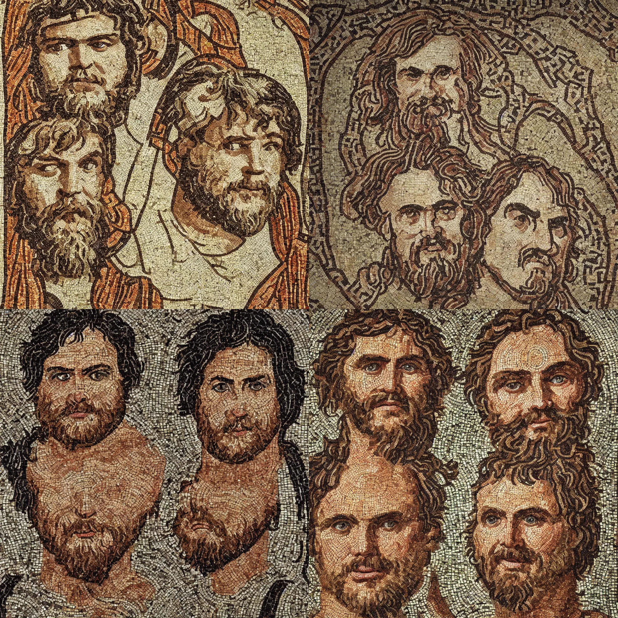 Prompt: Ancient Roman mosaic depicting jack black, well-preserved opus tesellatum from Ancient Rome