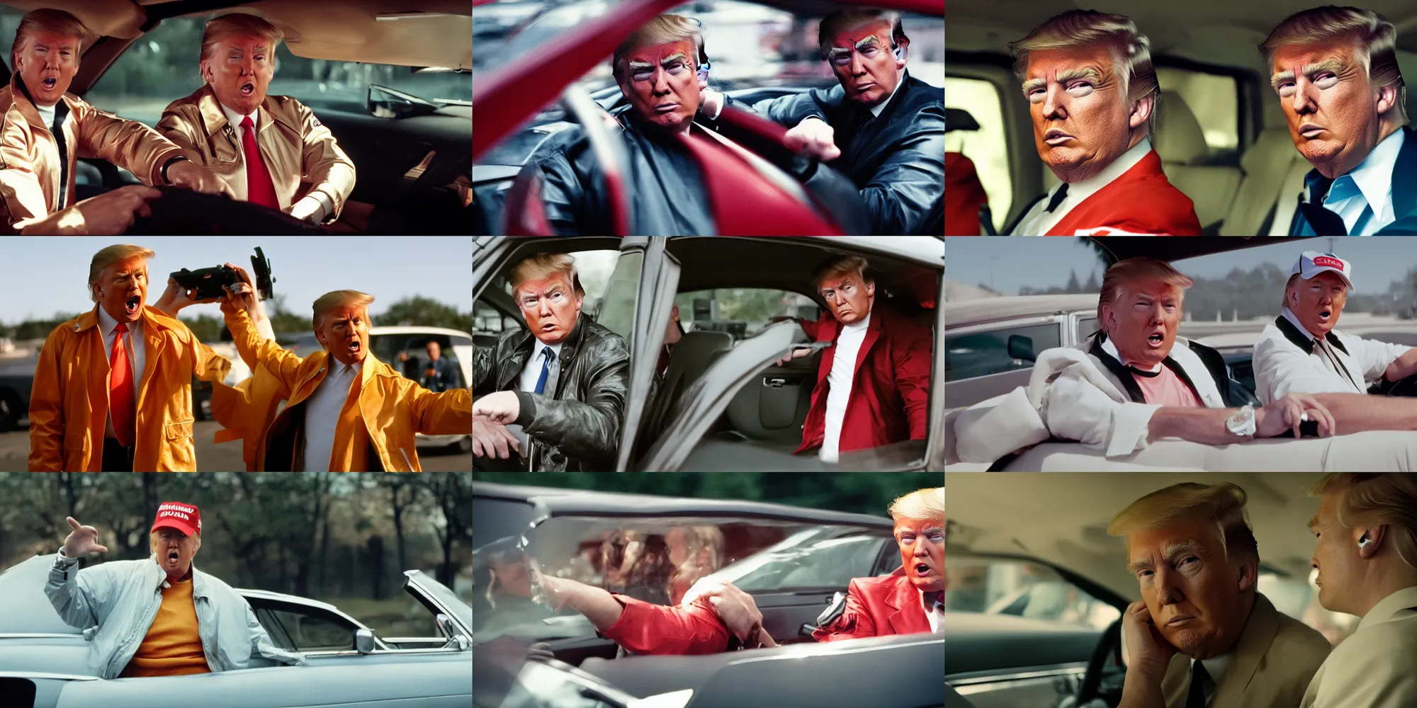 Prompt: donald trump as the driver in drive ( 2 0 1 1 ) wearing the scorpion bomber jacket, cinestill 8 0 0 t, movie still, film grain