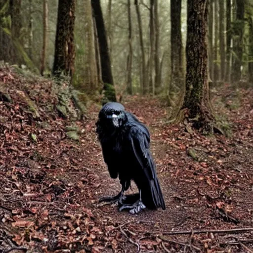 Prompt: ! werecreature that is a mix between human and crow, photograph captured in a forest