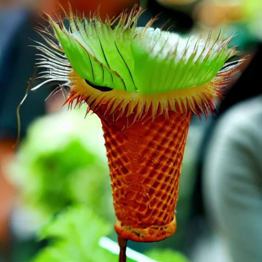 Image similar to A venus flytrap plant, licking an ice cream cone