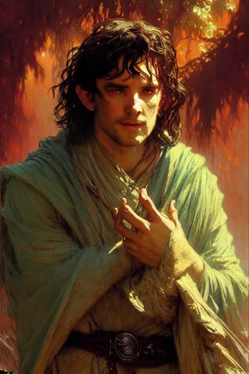 Image similar to attractive man, the lord of the rings, cool colors, painting by gaston bussiere, craig mullins, greg rutkowski, alphonse mucha