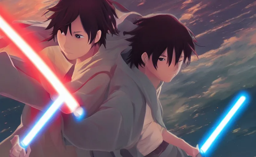 Prompt: a battle between Jedi, anime scene illustrated by Makoto Shinkai, digital art, vibrant 4k