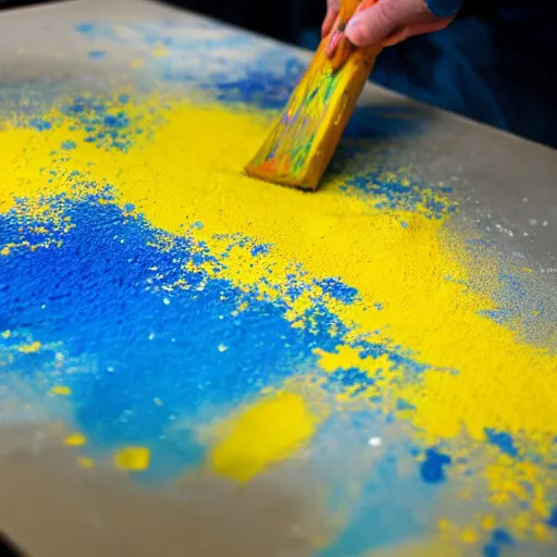 Image similar to a photo of blue paint mixing with yellow paint on an artist's canvas