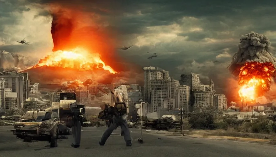 Image similar to big budget action movie about a nuclear explosion destroying a city