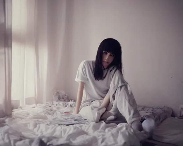 Image similar to a film still of lone anime girl in white tshirt is sitting on poor bed in pale colors room in dark russian flat, perfect faces, fine details, anime, cinestill