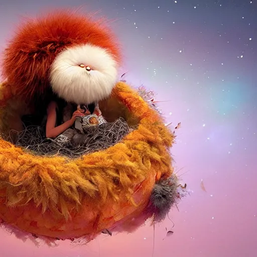 Image similar to long shot of a very fluffy furry alien chick nesting in a floral cup, esao andrews, by m. w. kaluta, humorous illustration, hyperrealistic, tilt shift, warm colors, night scenery, low light, 3 d octane render, 4 k, volumetric lights, smooth, cosy atmosphere, conceptart, hyperdetailed, trending on deviantart