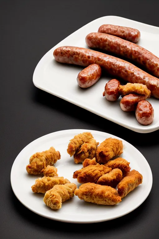 Image similar to nugget and sausage on plate, high resolution, photorealistic, smooth, details, 4 k, aesthetic lighting, baroque object, sharp focus, hyperdetailed object, professional photography, pullitzer winning, 8 0 0 mm lens, photo by : canon eos 5 d mark iv, by karah mew and adnan abidi and jodie bateman