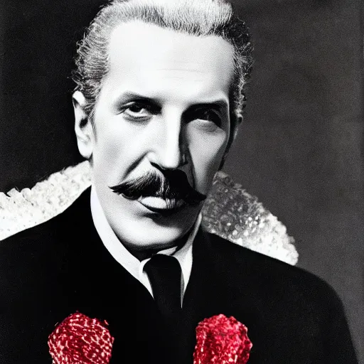 Prompt: portrait of vincent price wearing silver shriner like velvet sequin hat, wrapped in a silver colored silk scarf, nehru wizard jacket