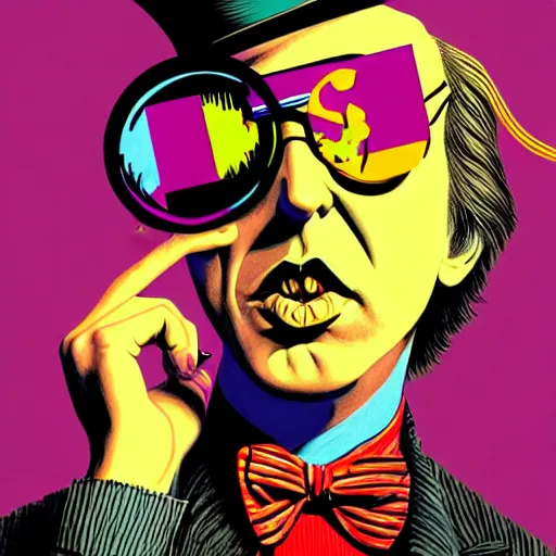 Image similar to graphic illustration, creative design, willy wonka with marilyn manson, biopunk, francis bacon, highly detailed, hunter s thompson, concept art