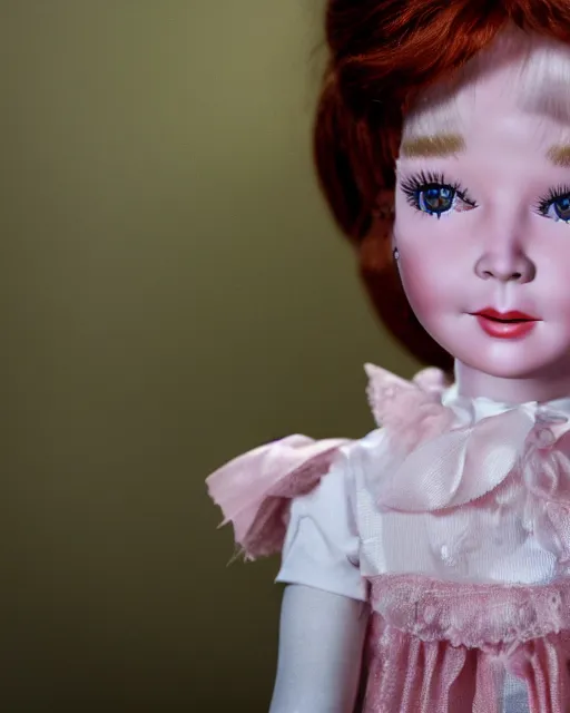 Image similar to high quality presentation photo of young Shirley MacLaine as a porcelain doll, photography 4k, f1.8 anamorphic, bokeh, 4k, Canon, Nikon