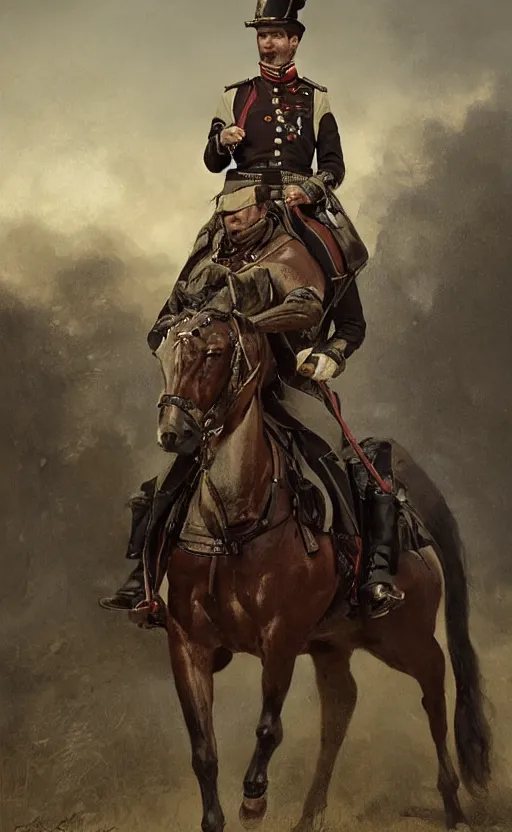 Prompt: Portrait of a victorian army officer on horseback, male, detailed face, 19th century, highly detailed, cinematic lighting, digital art painting by greg rutkowski