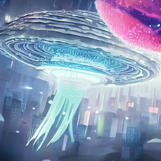 Prompt: a futuristic city on top of a jellyfish floating through space