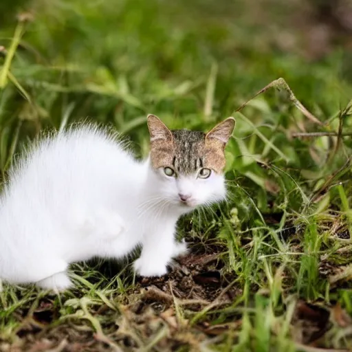 Image similar to a small domestic housecat with a white mushroom growing atop its head