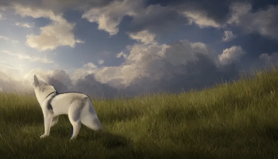 Image similar to back view of husky watching the sun sitting of the hill, clouds in the sky, hyperdetailed, artstation, cgsociety, 8 k