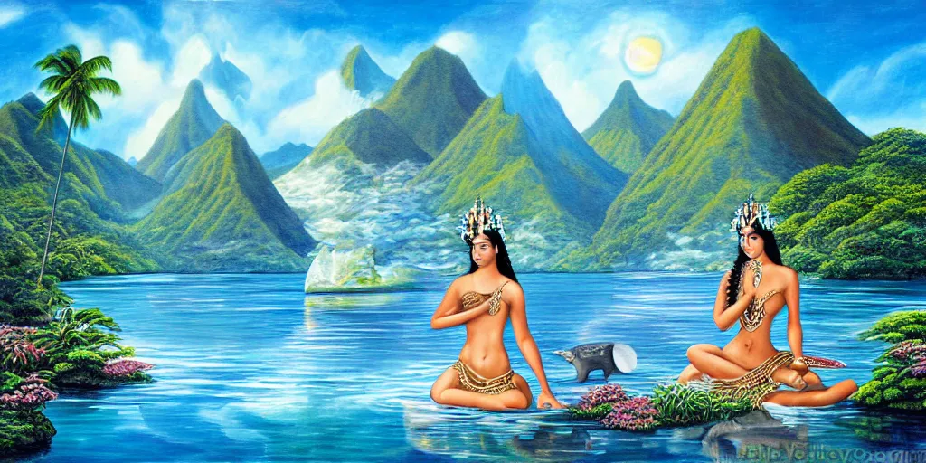 Image similar to polynesian peace goddess, crystal clear lemuria sunken architectural marvels, crisp realistic fantasy art painting